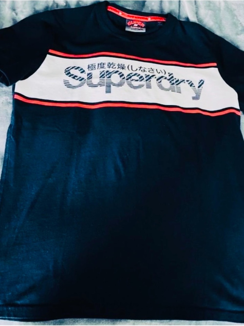 Superdry Black Navy White Tee with Red Accent Stripes